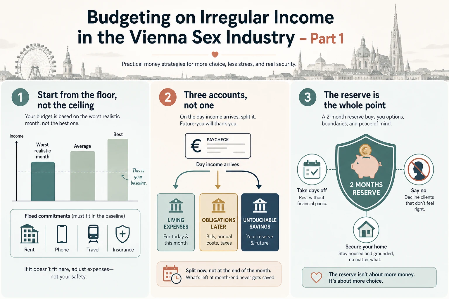 Explainer graphic of the three-account system: living money, money for later obligations, untouched savings, split on payday