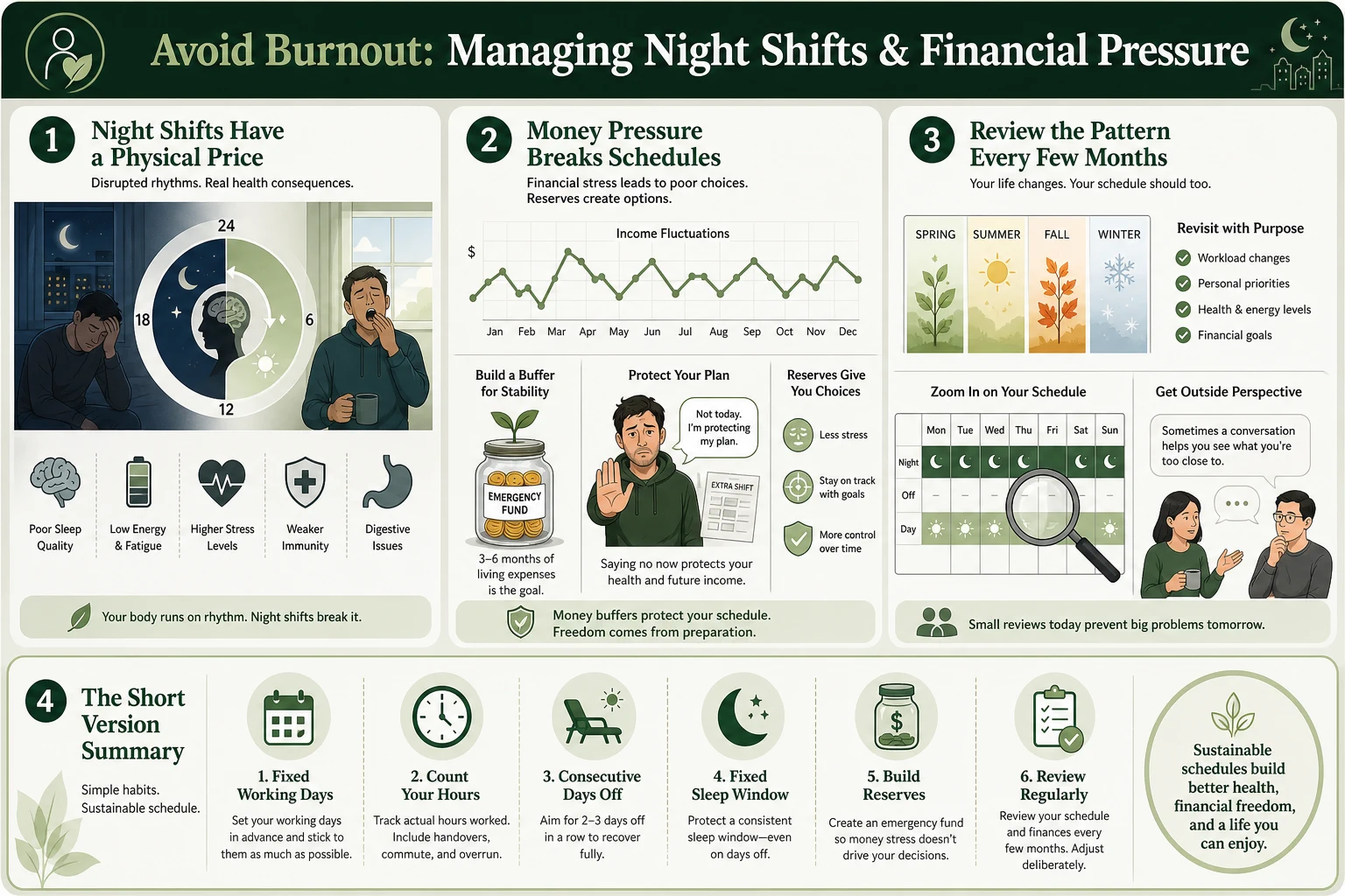 Planning checklist graphic: fixed working days, weekly hour total, two consecutive days off in the quiet part of the week, protected sleep window