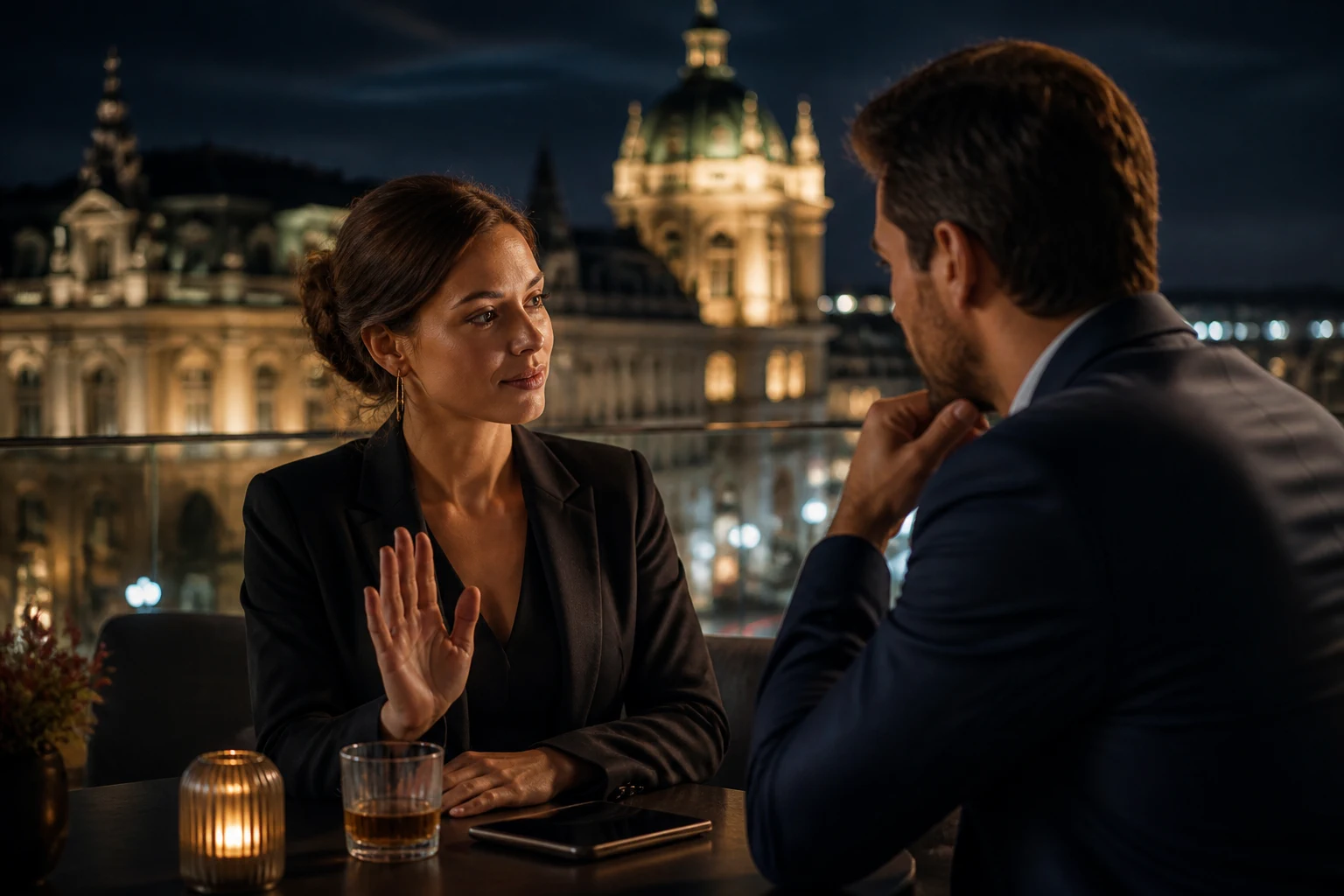 Two glasses of water on a table in a quiet, neutral meeting space