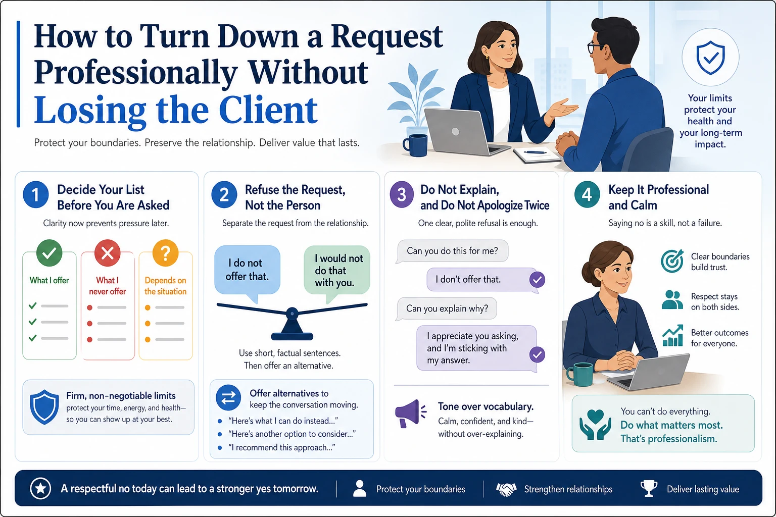Explainer graphic of the three lists decided in advance: what you offer, what you never offer, what depends on the situation