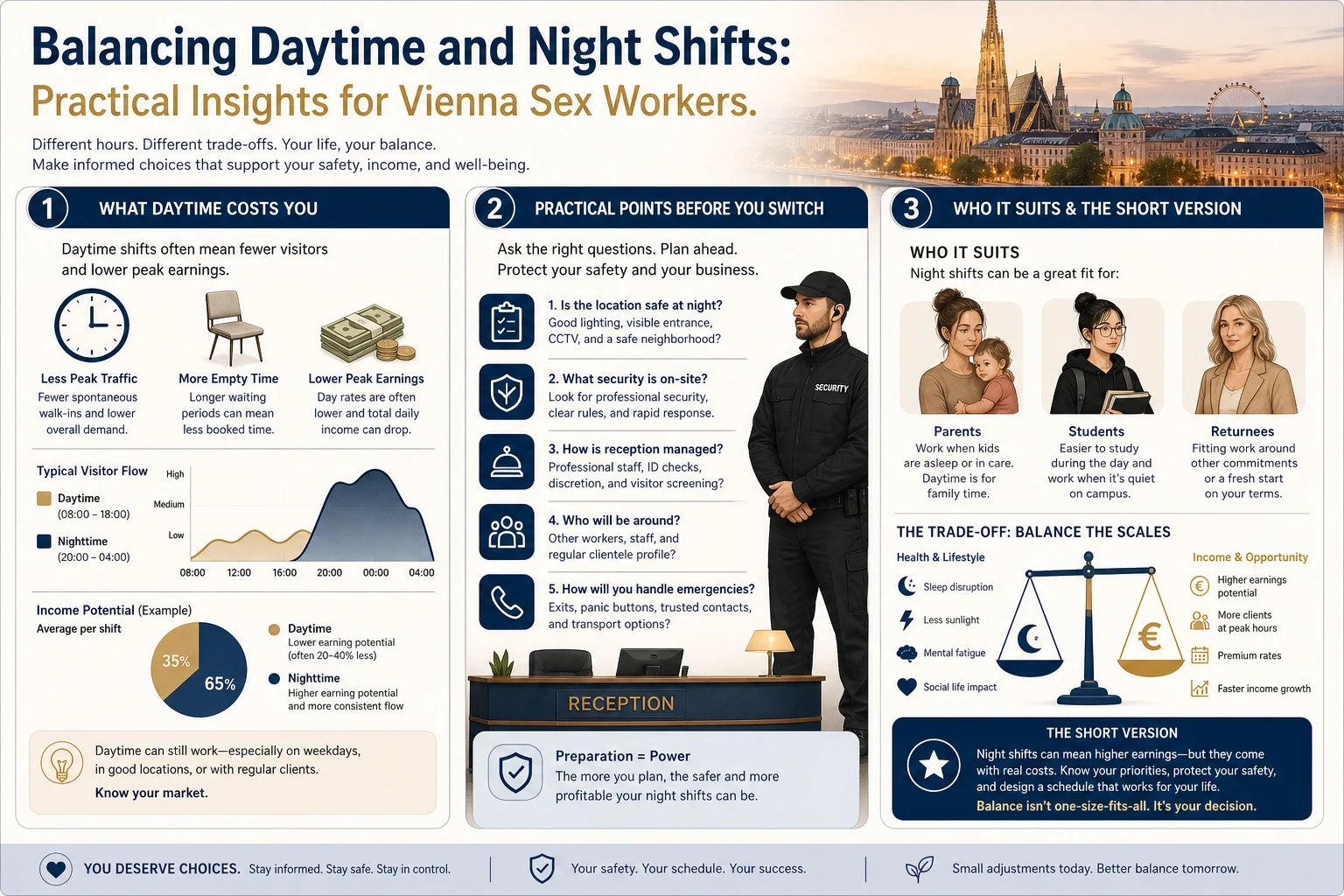 Checklist graphic before switching: ask how many colleagues work days, who is on site, whether the arrangement changes, consider a mixed week