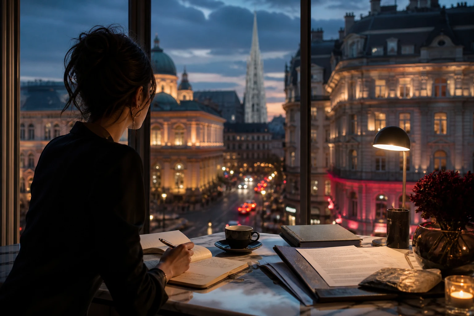 Desk with documents, a notebook and a coffee cup beside a Vienna window in morning light